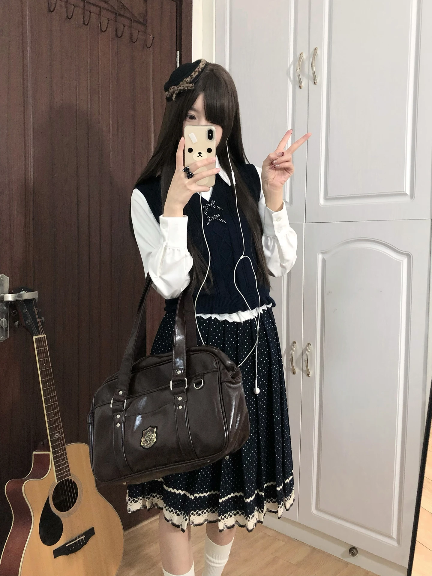 

Home JK Uniform Original Mocha Girl Rhombus Lace Knitted Sweater V-Back Vest School Style Long Sleeve Mid-Length Dress