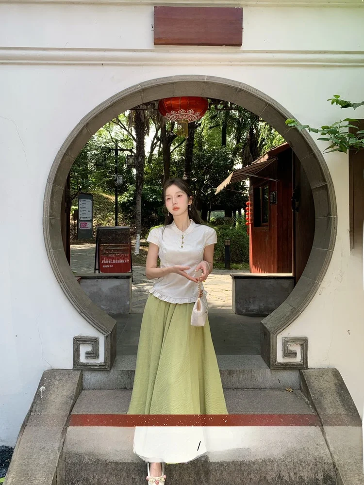 

Chen Wenwen Bamboo Forest Morning Summer New Chinese Sle Slim A-Line Midi Skirt Women's Long Skirt High Waist A-ape