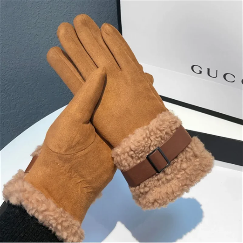 New Finger-separated Gloves Female Suede Fleece Thicker Warmth Anti-Cold Retro Versatile Metal-Zippered Touchscreen Women Glove