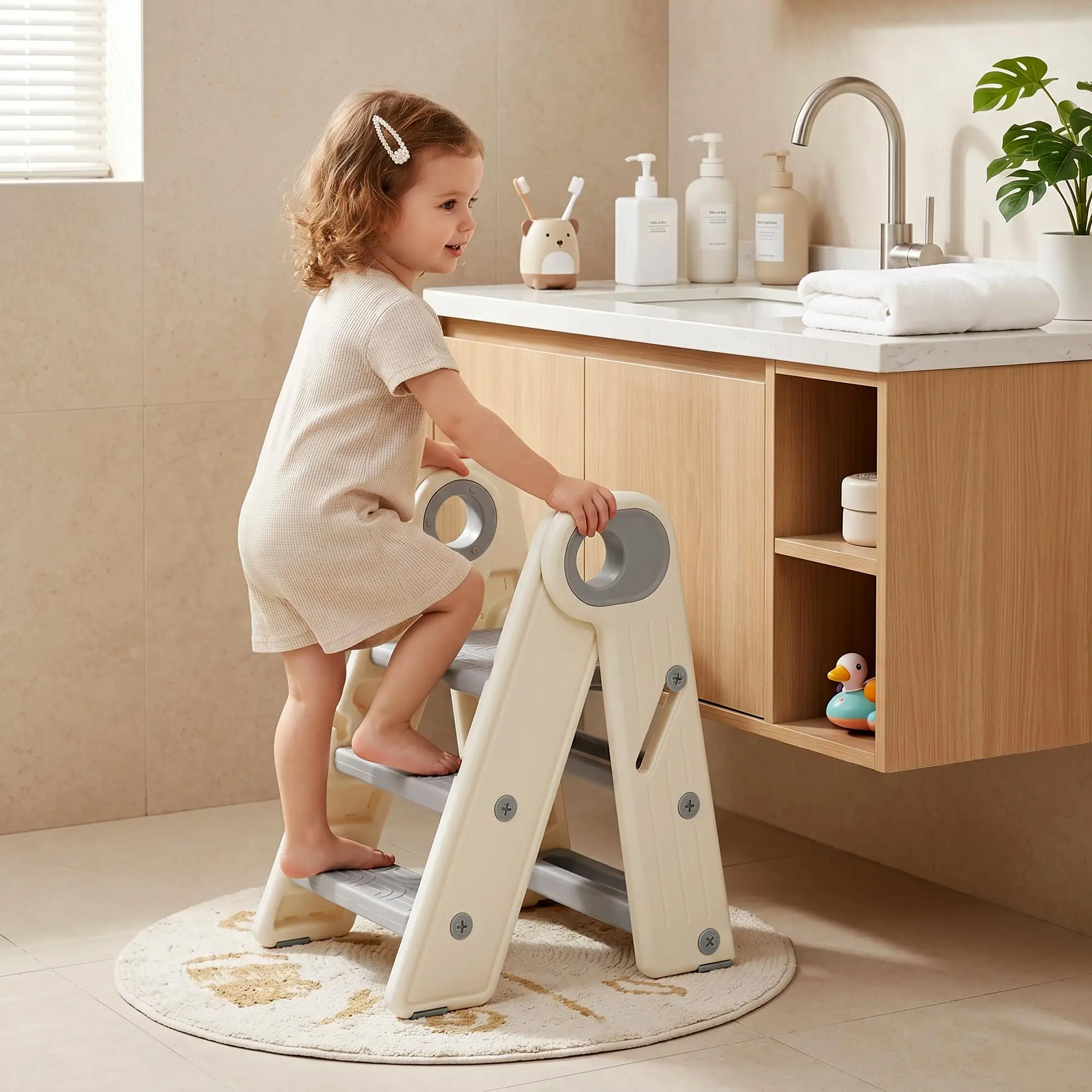 Sgabello pieghevole portatile con maniglie, ideale per bambini, da usare al bagno e vicino al lavandino, con altezza regolabile e superficie antiscivolo, perfetto per l’addestramento all’uso del