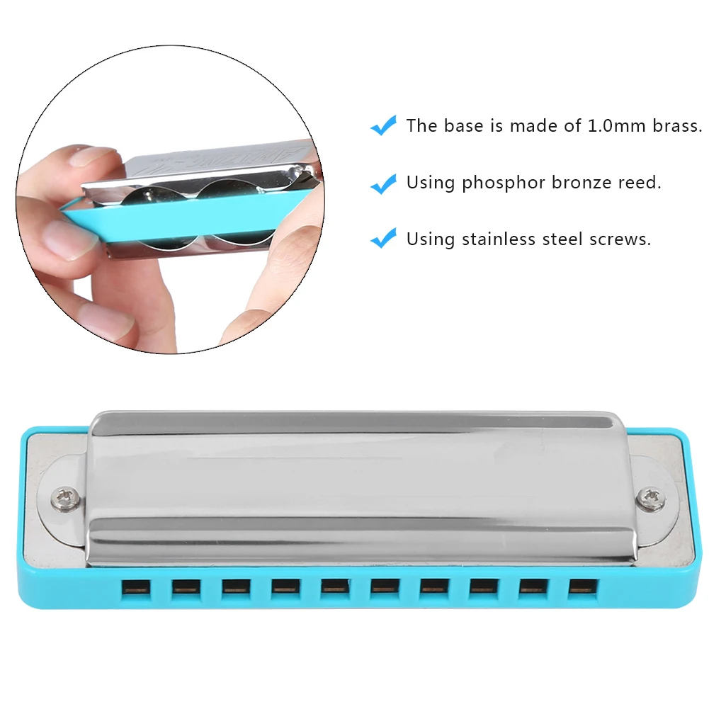 Blues Harmonica 10-Hole G Key 1.0mm Brass Base Electroplating Phosphor Bronze Reed Stainless Steel Cover ABS Comb with Bag