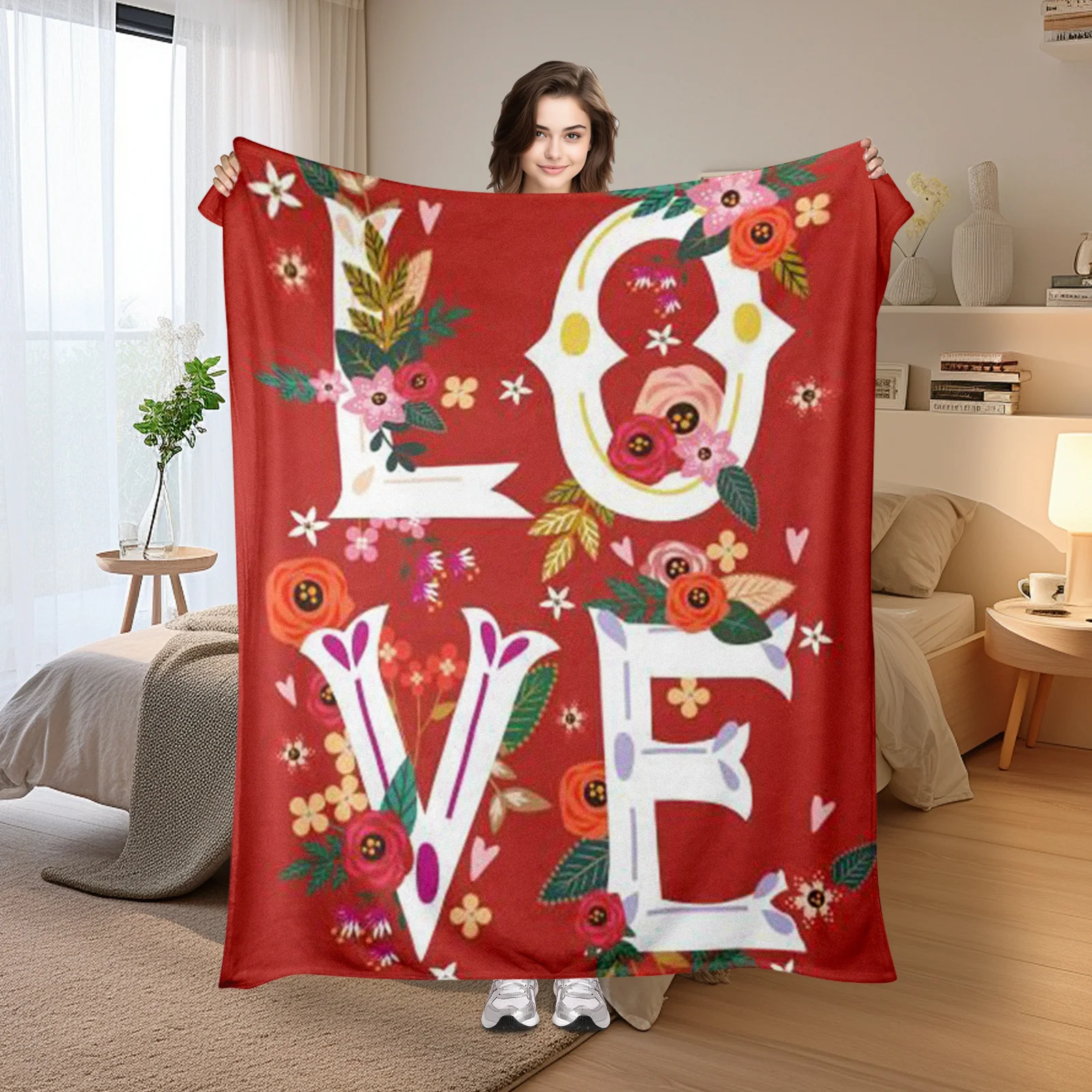 

Vibrant Love Art Blanket In Red With Leaf And Floral Patterns For A Bold And Artistic Home Decoration Statement