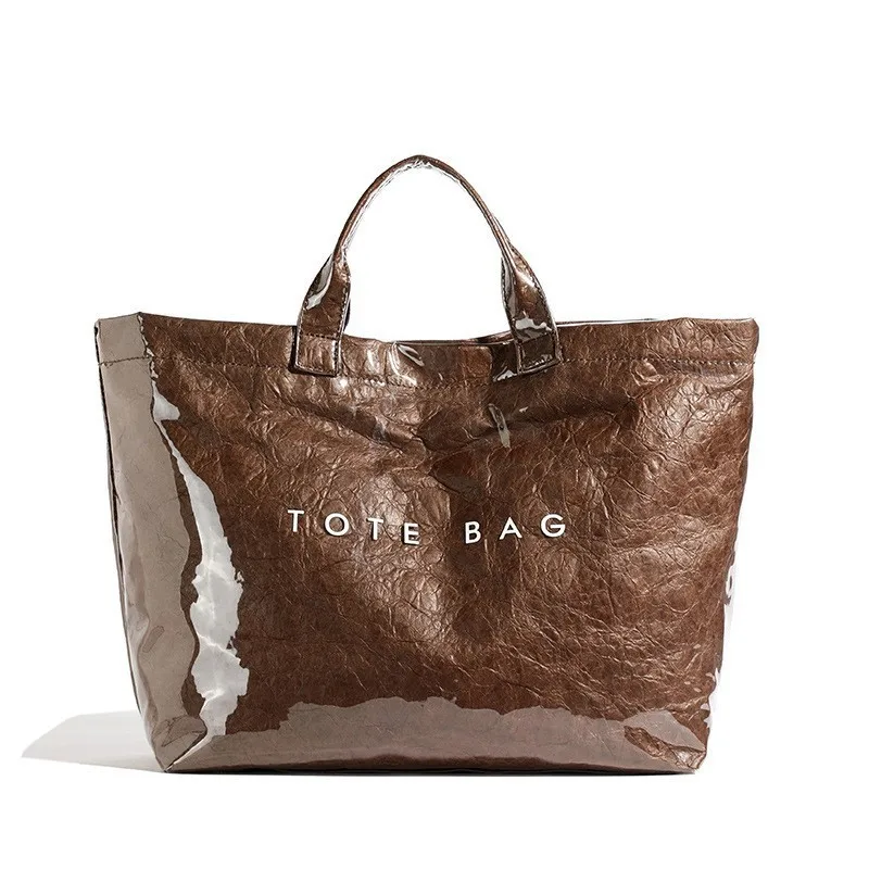 Ladies Wrinkle Kraft Paper Tote Bag Clear Coated Letter Print Large Capacity Casual Top Handle Shopping Shoulder Bag