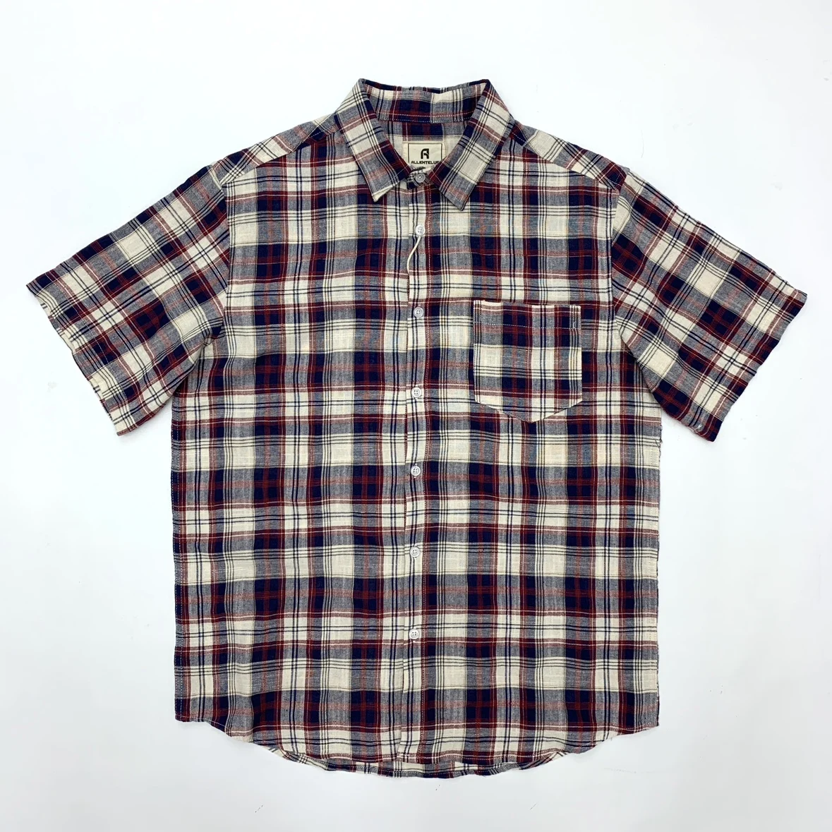 Letnia Nowa Japońska Retro Koszula Męska z Krótkim Rękawem, Kołnierzykiem, Kratą, z Bawełny i Lnu, Modna, Sprana, Wygodna, Codzienna Bluzka