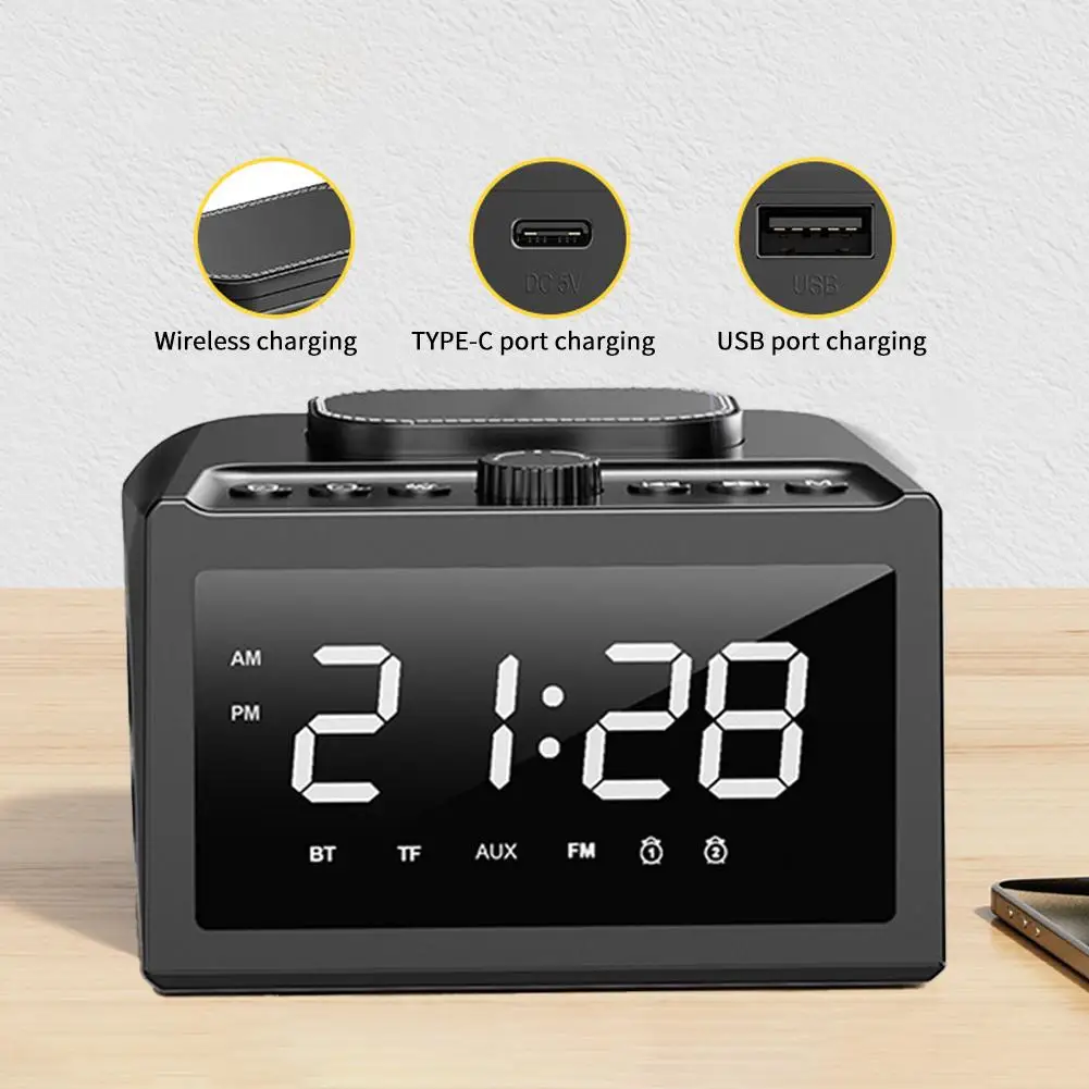 3-in-1 Smart Wireless Charging Alarm Clock with Time Signal Speaker LED Night Light Magnetic Charging Phone Stand