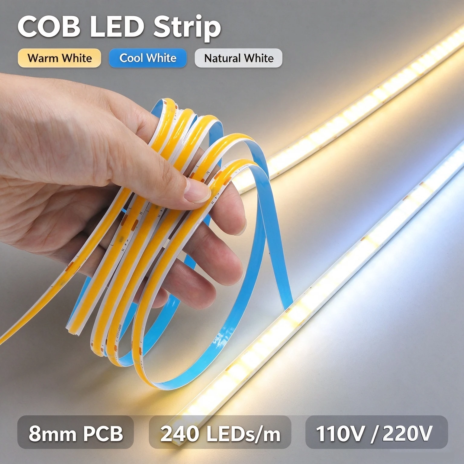 110V 220V COB LED Strip Light 240LEDs/m Flexible Tape 5m/10m/15m/20m High Bright Warm Natural White Linear Lighting EU US Plug