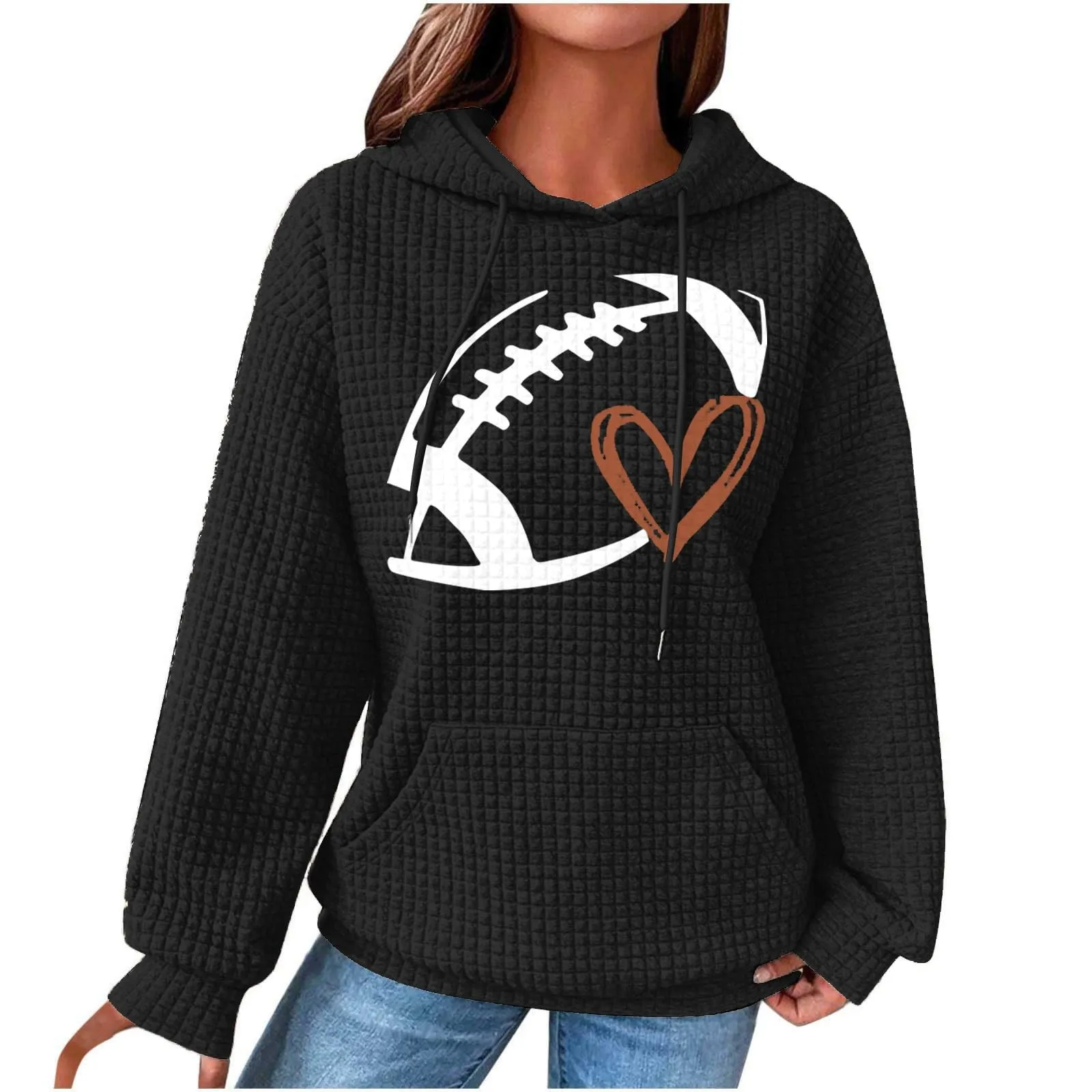 

2023 Women'S Football Printed Sweater Autumn Winter Hooded Game Day Waffle Round Neck Long Sleeve Sweatshirt Pullover Tops