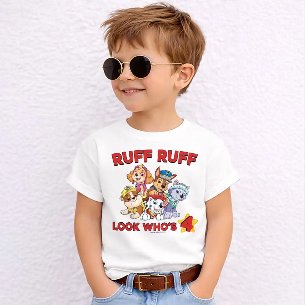 Cartoon PAW Patrol Ruff Ruff Look Who's 4 Kids T‑Shirt 4th Birthday Graphic Print Boys Girls Short Sleeve Tops Children Birthday