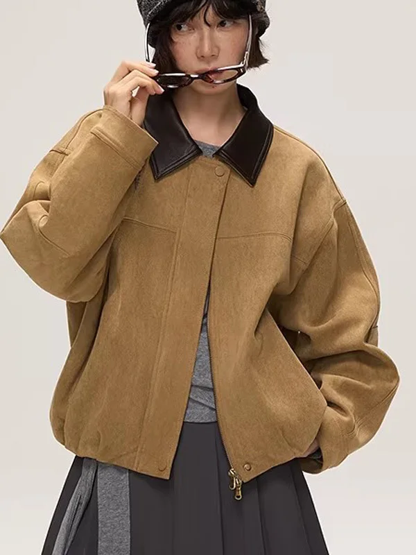 

Retro Deer Suede Velvet Collar Patchwork High-End Jacket Women's Chic Hong Kong Style Personality Top Spring New Arrival