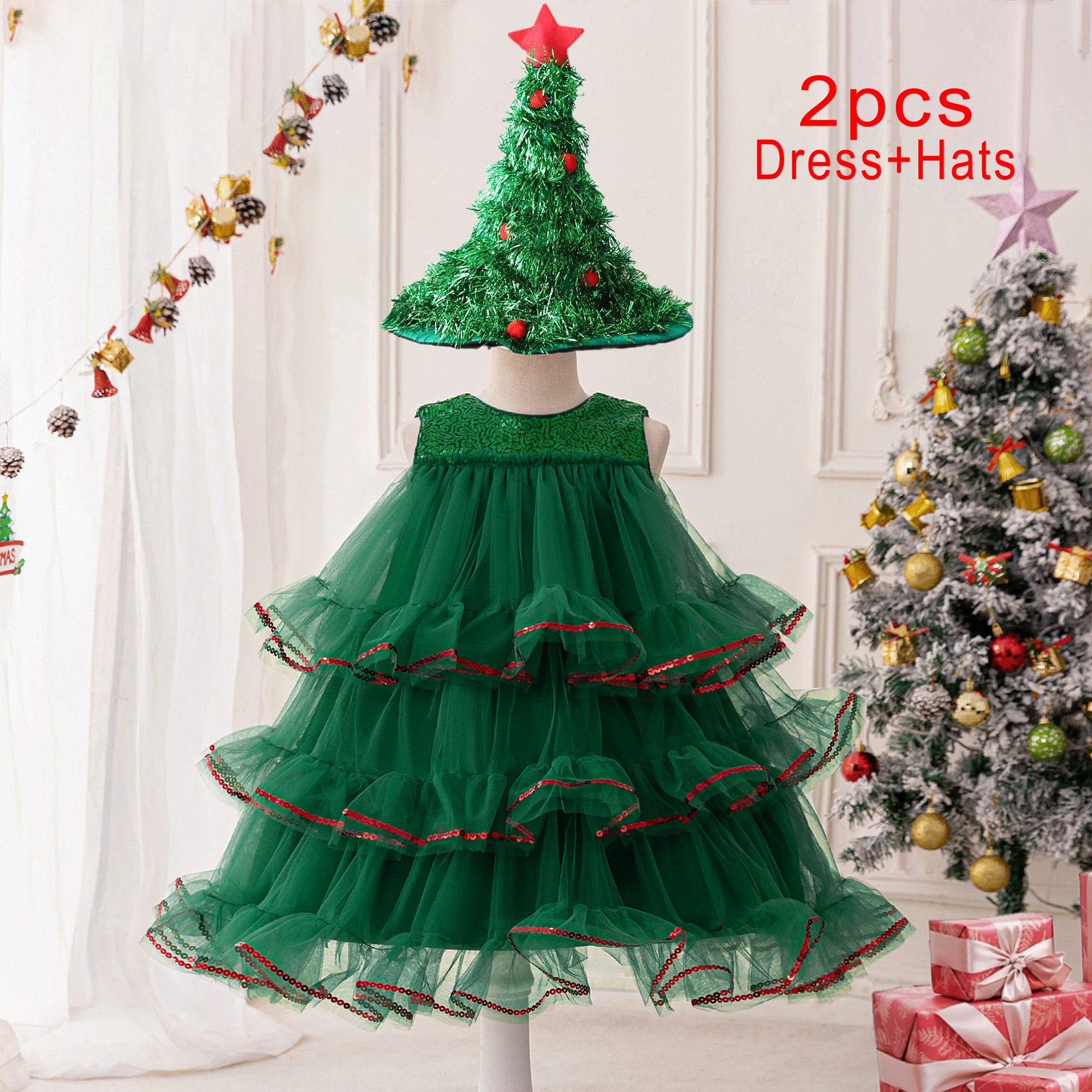 Fluffy Sequin Green Christmas Costumes for Girl Carnival Cosplay Halloween Birthday Party Dresses Wedding Princess Kids Clothing