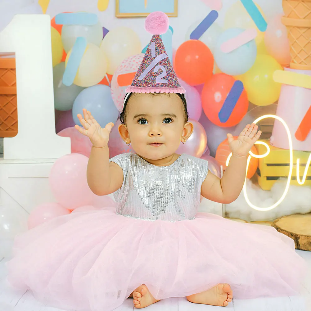 

2pcs Kids Birthday Crown Glitter Photo Props Party Hats Headband 6 Months Baby Cone Hat Charm Design Lightweight