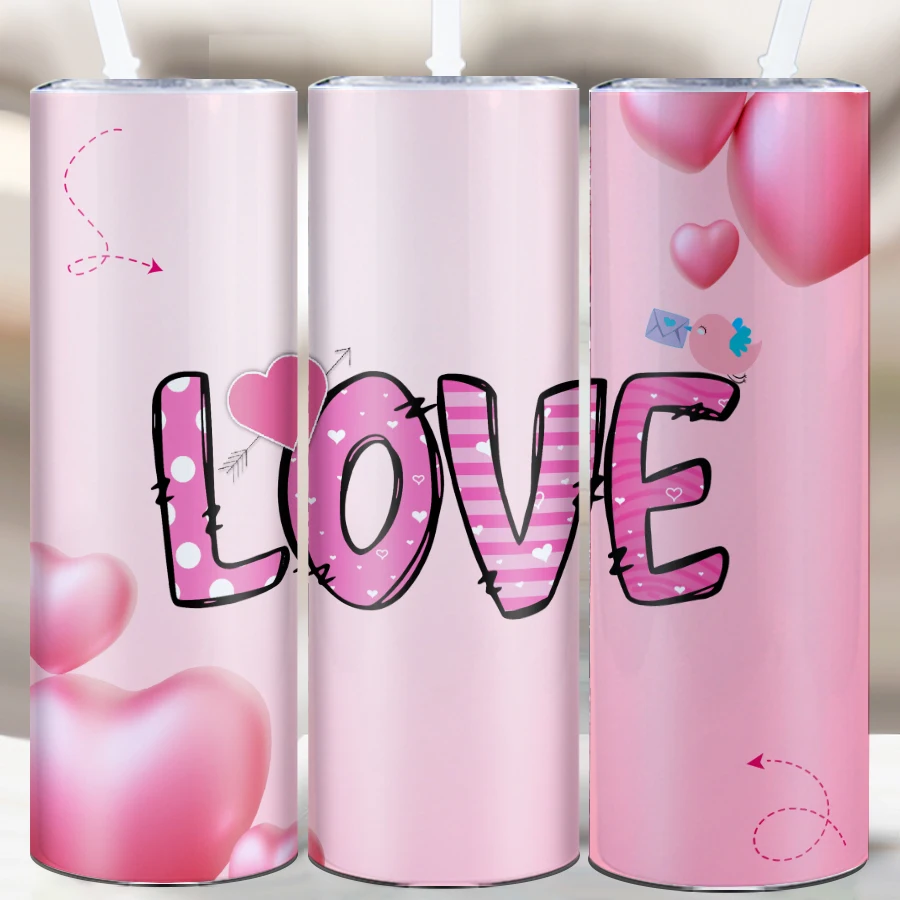 20oz Festive Party Tumblers Straw Lid 1Pc Print 3D Love Water Bottle Valentine's Day Stainless Steel Leak-Proof Party Drink Mugs