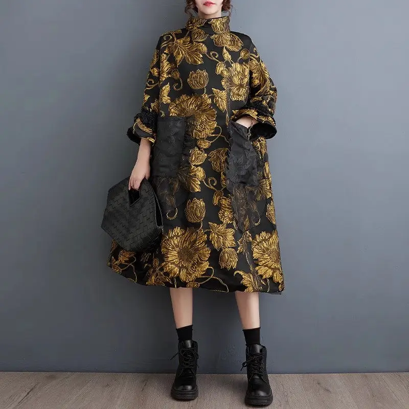 Vintage Trendy Women's Dress 2023 Autumn/Winter New Chinese Style Double Layer Jacquard Coat Temperament Loose Fit Dress Z3929