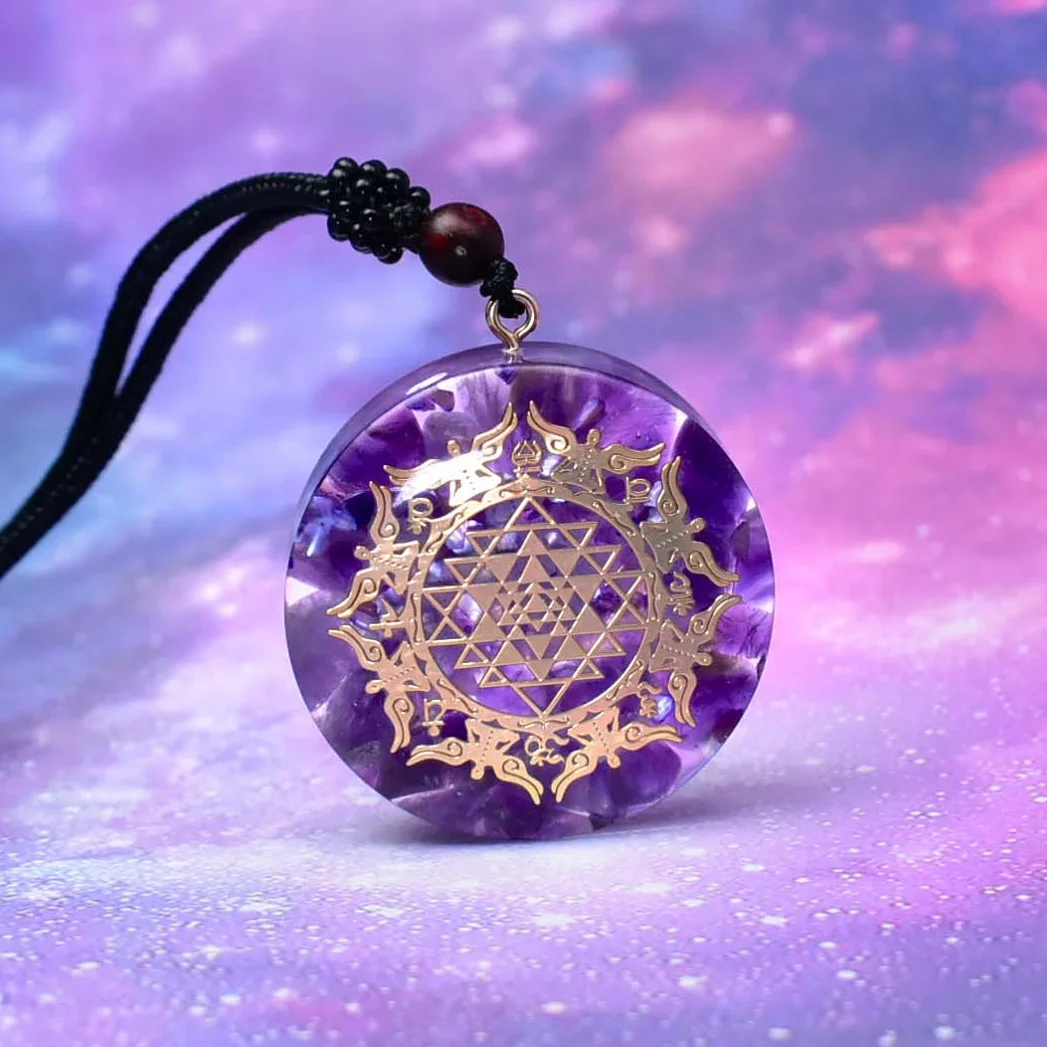 7 Chakra Amethyst Orgonite Necklace Sri Yantra Shell Mother of Pearl Buddhism Pendant Yoga Meditation Orgone Jewelry Crafts Gift