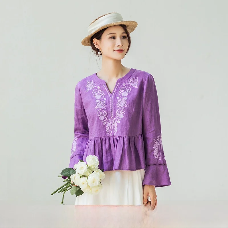 

Elegant Embroidered Lace Trim Linen Shirt New Autumn Winter Collection by a Life on the Left Women's Fashion Classic Style