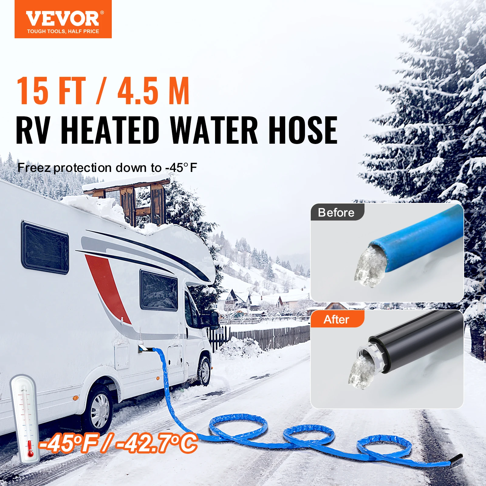 VEVOR 15ft Heated Water Hose for Heated Drinking Water Hose with Corrugated Cover Antifreeze to -45°F Automatic Self-regulating