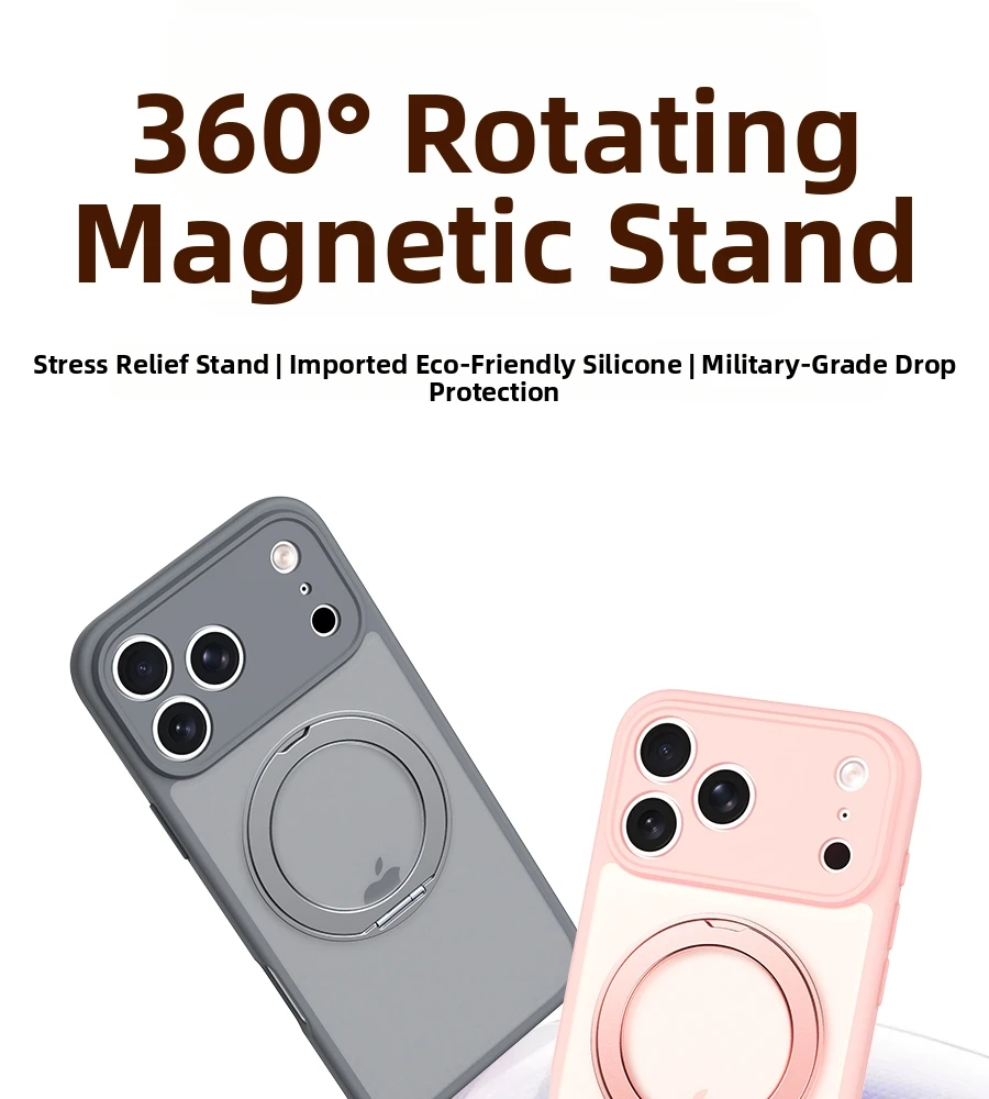 360 Rotating Magnetic Stand Case for iPhone 17 15 14 13 16 Pro Max Air for Magsafe Stress Relief Ring Holder Full Lens Cover