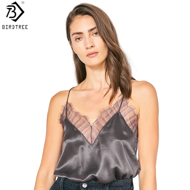

Birdtree 100% Mulberry Silk Lace Tank Top,Women Solid Color Breathable V-neck Loose Underwear Bottom Vest, 2025 New T57623JF
