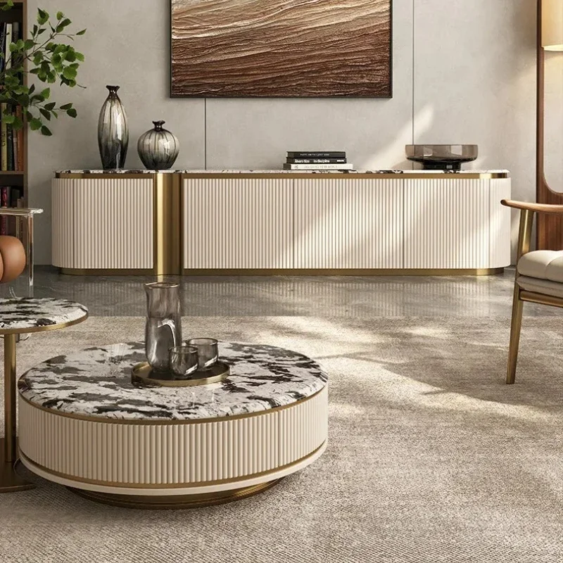 A High-end Marble TV Cabinet Living Room Italian Minimalist Solid Wood Supercrystalline Stone Floor Cabinet