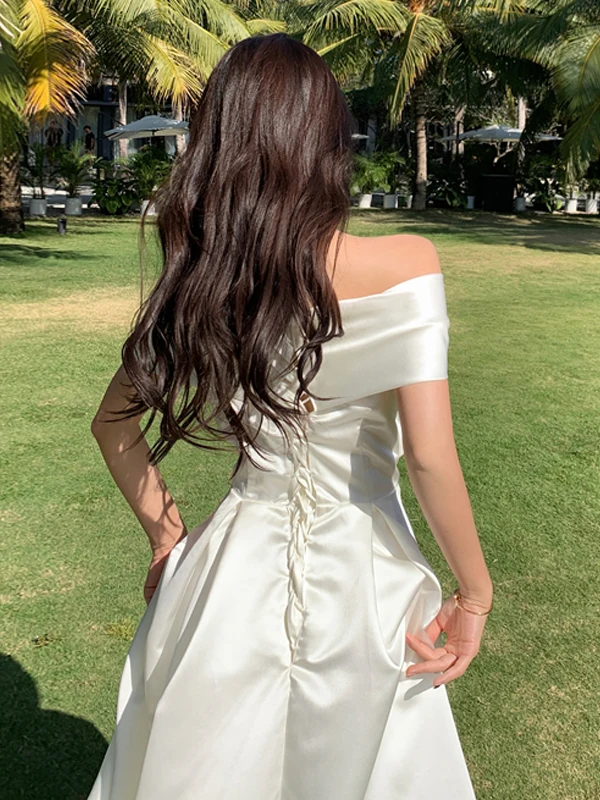 シルクサテンの誕生日ドレスロングスカートワンショルダーストラップレス妖精プリンセスガウンポリエステルハイウエストフォーマルイブニングドレス