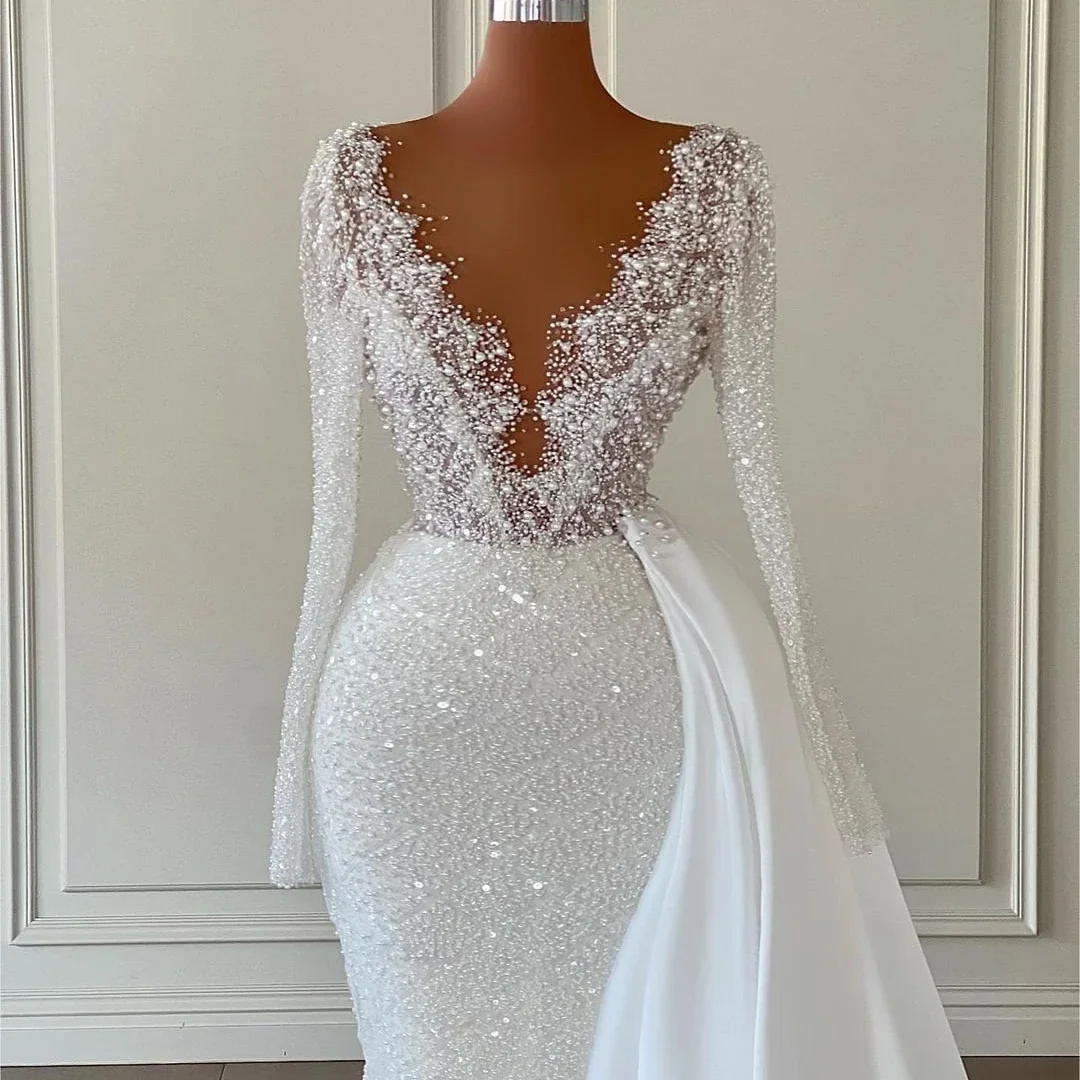 Robe de mariée sirène blanche à sequins personnalisés, robe de mariée Boho, col en V scintillant, soirée, Rh, classique, haute qualité