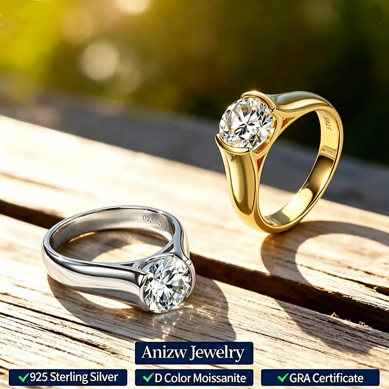 Anziw Classic Solitaire 8MM 2CT D Moissanite Diamond Ring S925 Sterling Silver Wedding Engagement Promise Ring for Women Jewelry
