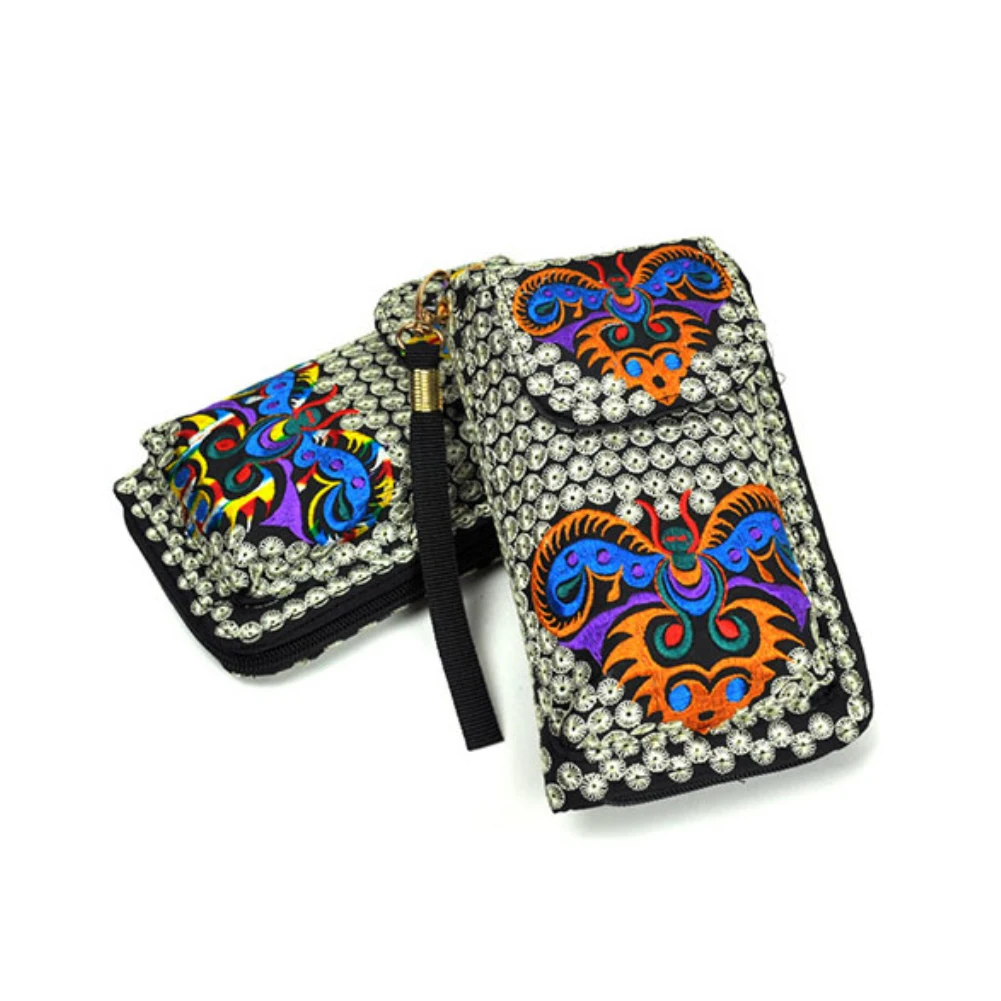 Women\'s Small Handbags Ethnic Butterfly Flower Embroidered Coin Purse Unisex Small Wallet Phone Bag Flower Clutches