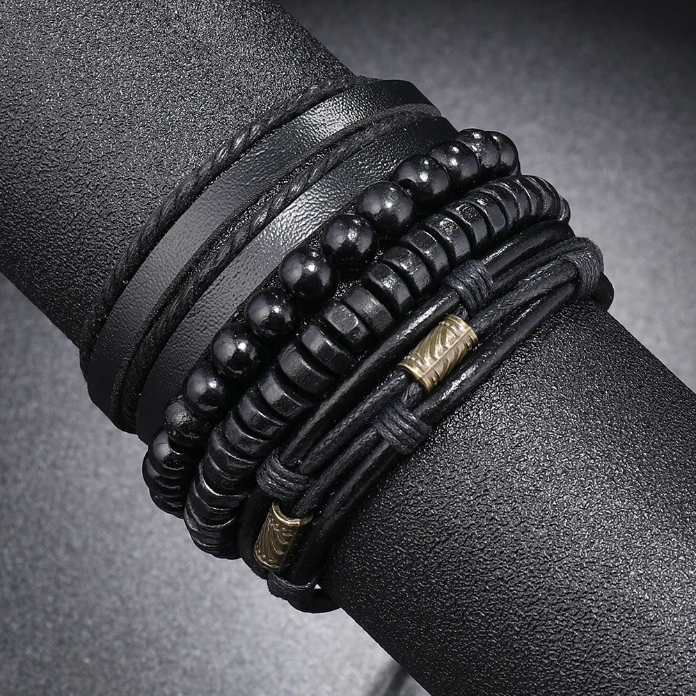 Bracciale Punk in pelle nera con perline per uomo