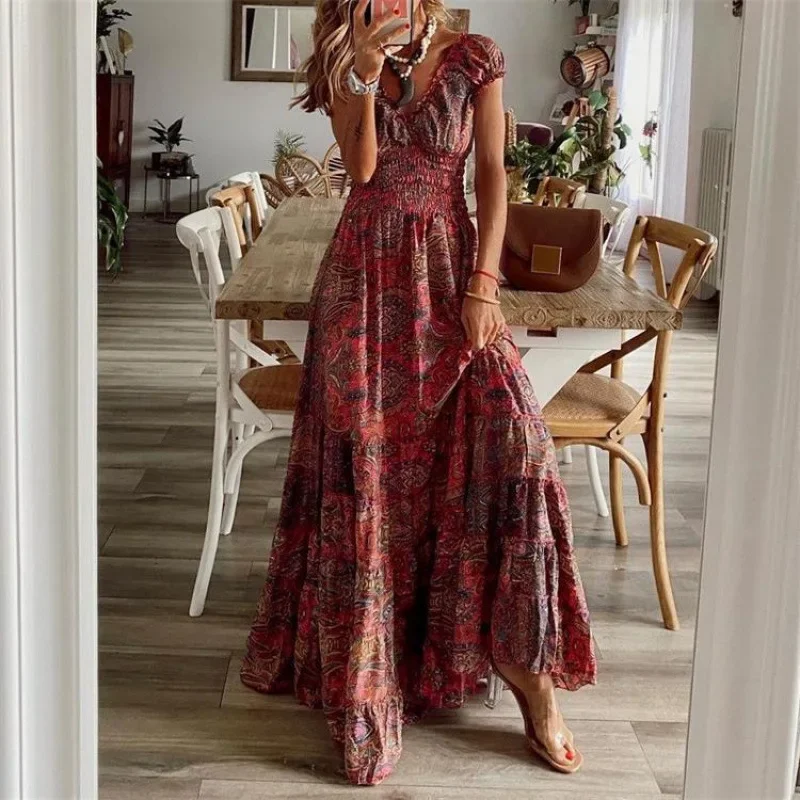 Bohemian Style V-Neck Waist-Fitted Floral Dress With Big Swoop European Fashion Dresses For Women