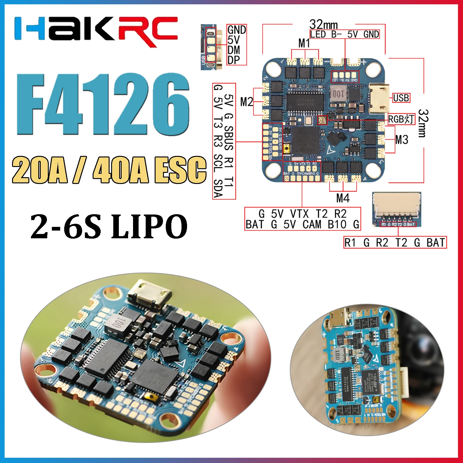 

HAKRC F4126 F411 AIO Flight Controller 4in1 20A / 40A ESC 2-6S Built-in OSD for RC Toothpick Betafpv FPV Racing Drone DIY Parts