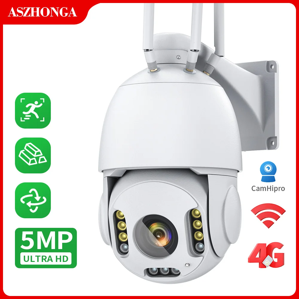 

ASZHONGA WIFI 5MP 4G SIM Card Security IP Camera 5X Optical Zoom PTZ HD Dome Surveillance Camera AI Human Tracking CamHipro APP