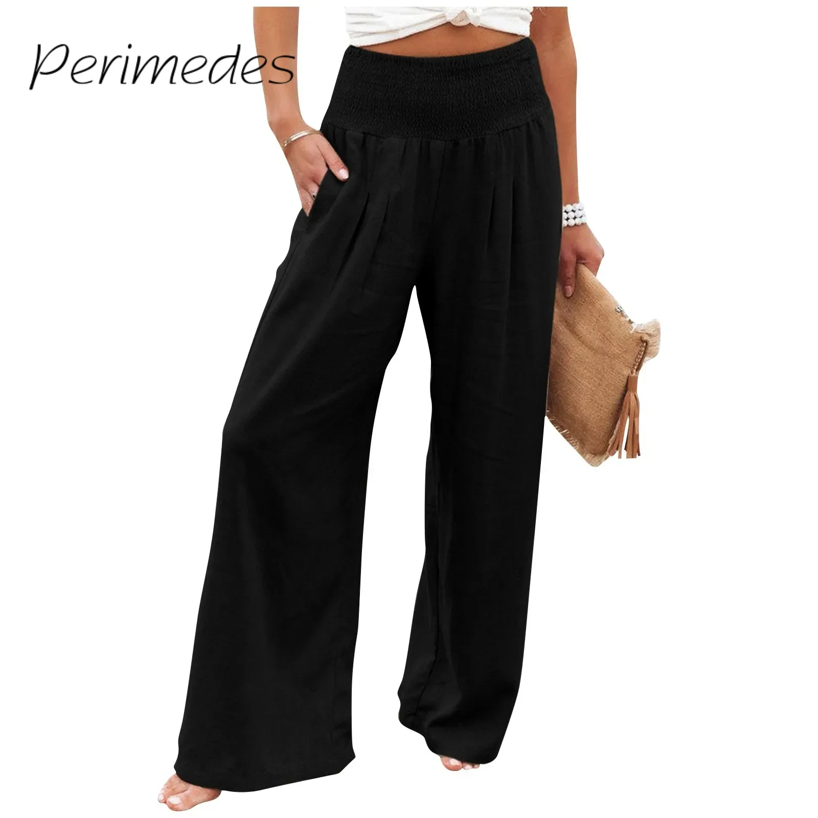 

Pantalones Women'S Pants Casual Loose High Waist Trousers Cotton Linen Wide Leg Long Pants With Pockets Graceful 2024 Summer