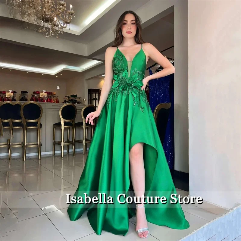 

Emerald Green Party Dresses Spaghetti Straps Evening Dresses Floral Beaded Embroidery Customized Evening Gowns