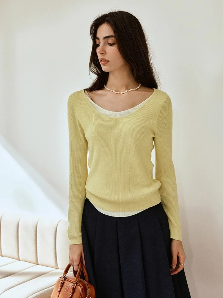 

OLrain Yellow Pullover Woman 2025 Autumn New Arrival Knitted Slim Fit Sweater for Women Long-Sleeve V-Neck Tops Lady O57QZ000233