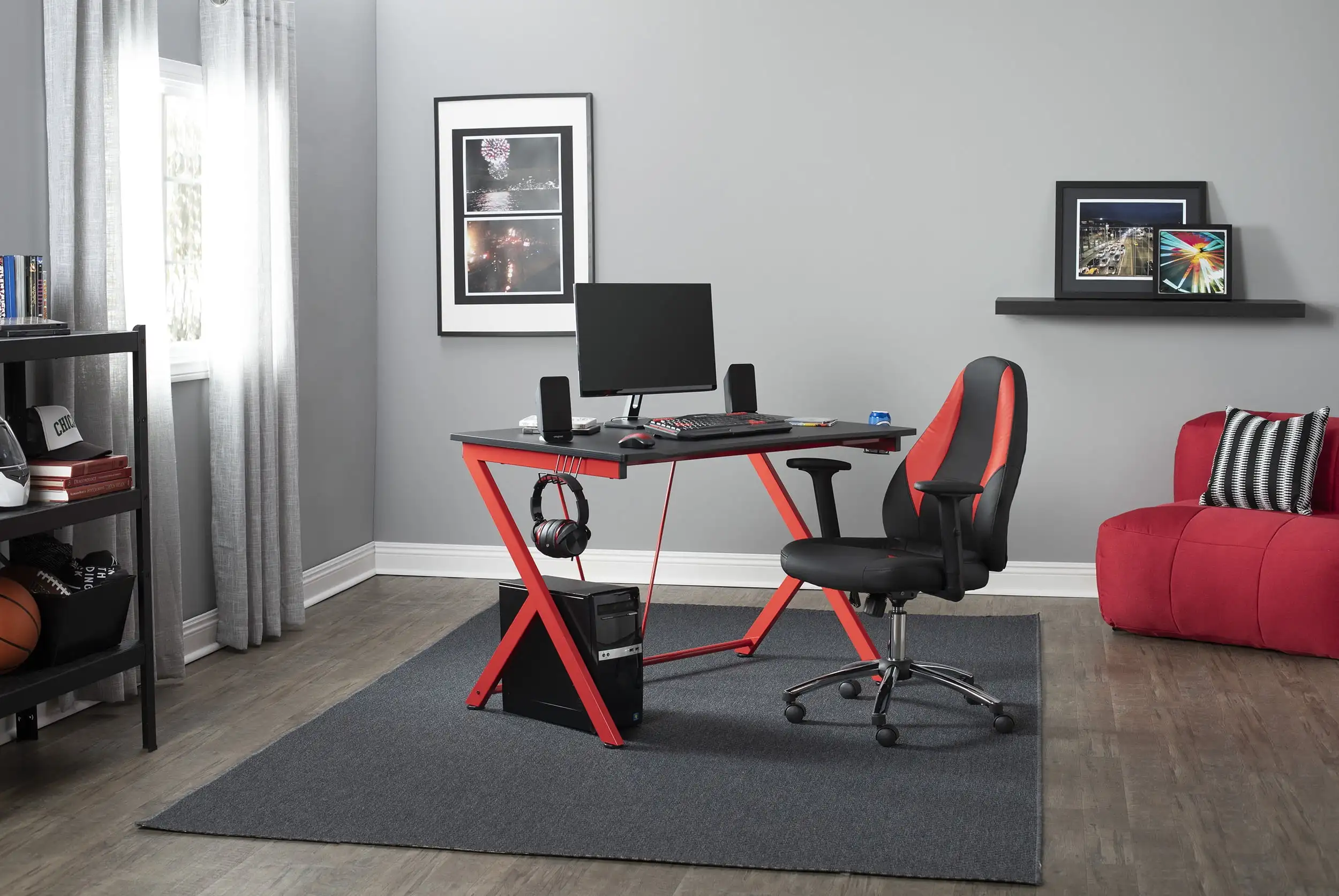 Computer Desk With Charging Station, Cup And Headphone Holder