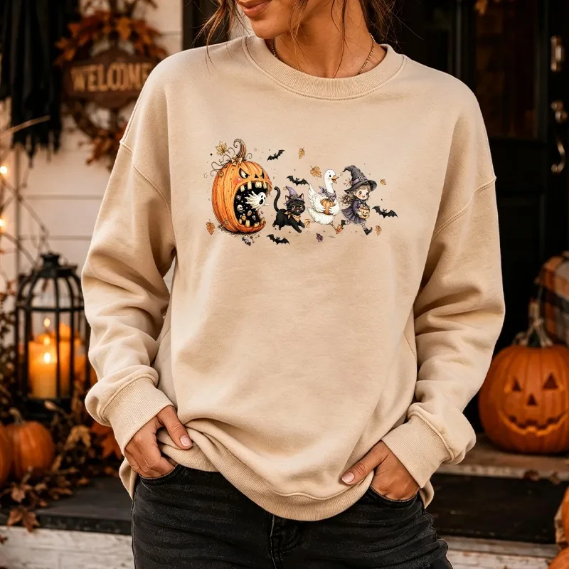Halloween Cute Parade Witch Girl White Goose Black Cat Big Pumpkin Monster Bat Maple Leaf Graphic Crewneck Sweatshirt Cartoon