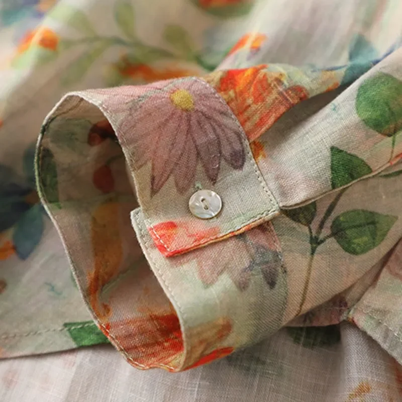 Women Long Sleeve Casual Shirts New Arrival Autumn& Spring Arts Style Vintage Floral Print Loose Ladies Cotton Linen Tops