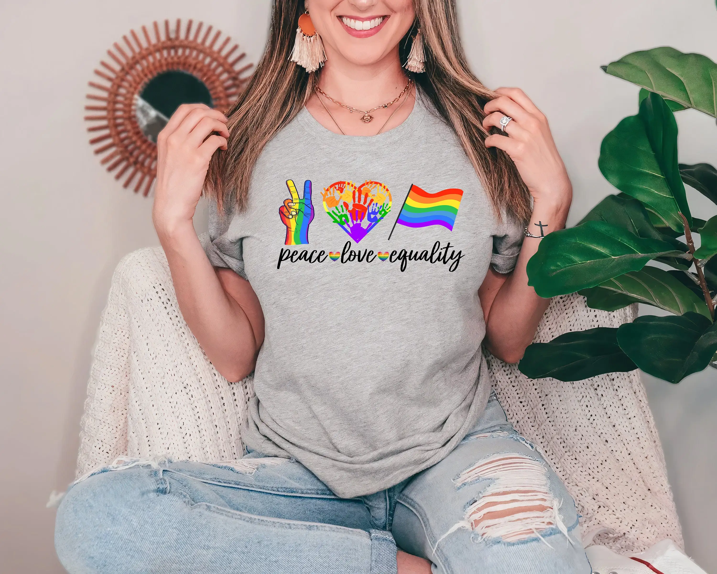 

Peace Love Equality T Shirt Pride Rainbow Flag Gay Month Rights