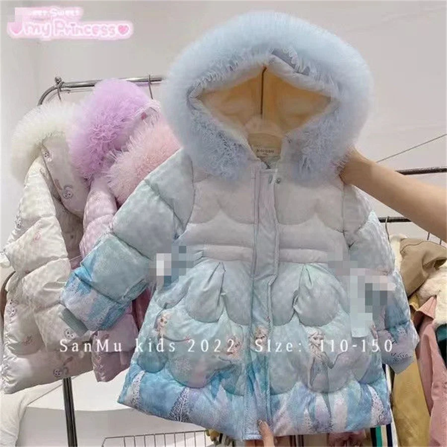 2024 New Girls Down Jacket Cute cartoon  Winter Warm Fashion Parka Coat Hooded Zipper Girls Outerwear 5-12 Years Kids Clothes