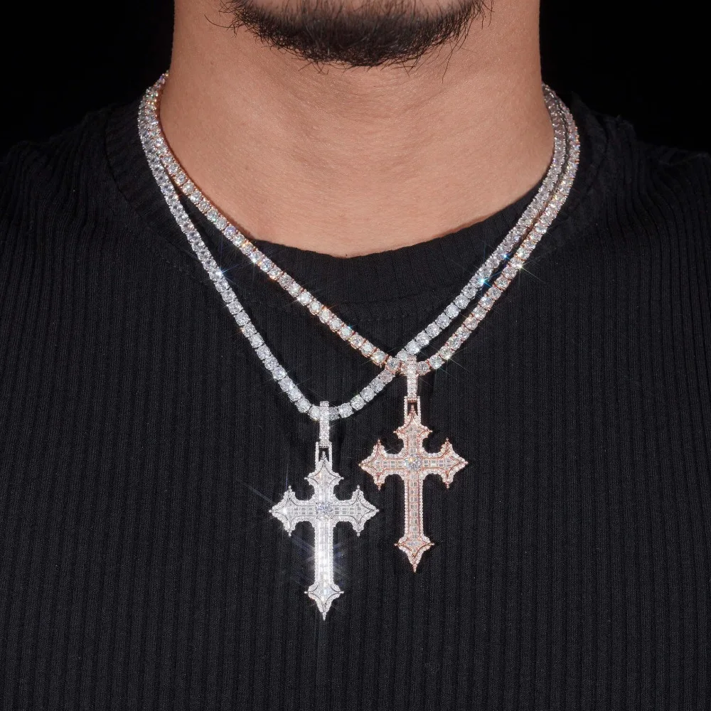 S925 Silver Iced Bling Baguette Cut Moissanite Cross Pendant Hiphop Men Tennis Cuban Pendant Necklace Pass Diamond Tester - Image 5