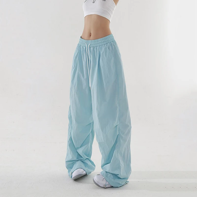 Spicy Girl Wide Leg Work Pants Women Summer Thin Quick Drying Solid High Waist Drawstring Pockets Loose Straight Casual Trousers