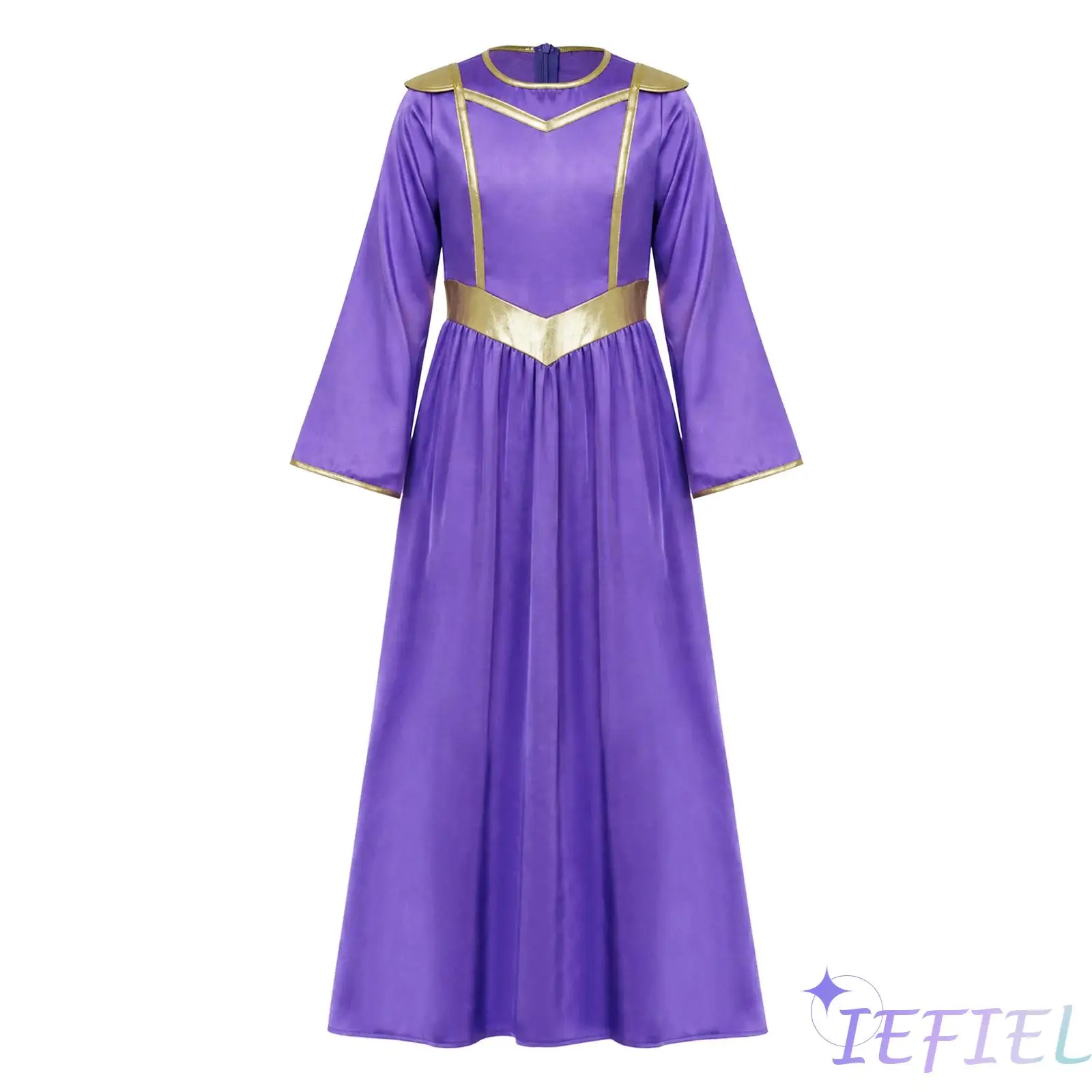 Girls Praise Lyrical Dance Outfit Liturgical Worship Church Robe Dance Dress Metallic Trim Long Sleeve Back Zipper Long Dress