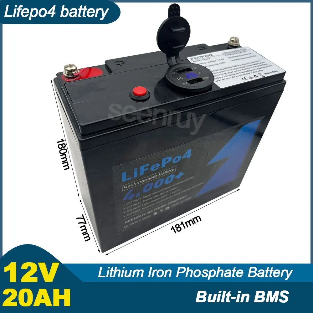 12V 20Ah Lifepo4 With Charger Lithium Iron Phosphate Battery Perfect For Lamp Fire Shutter Door Alarm