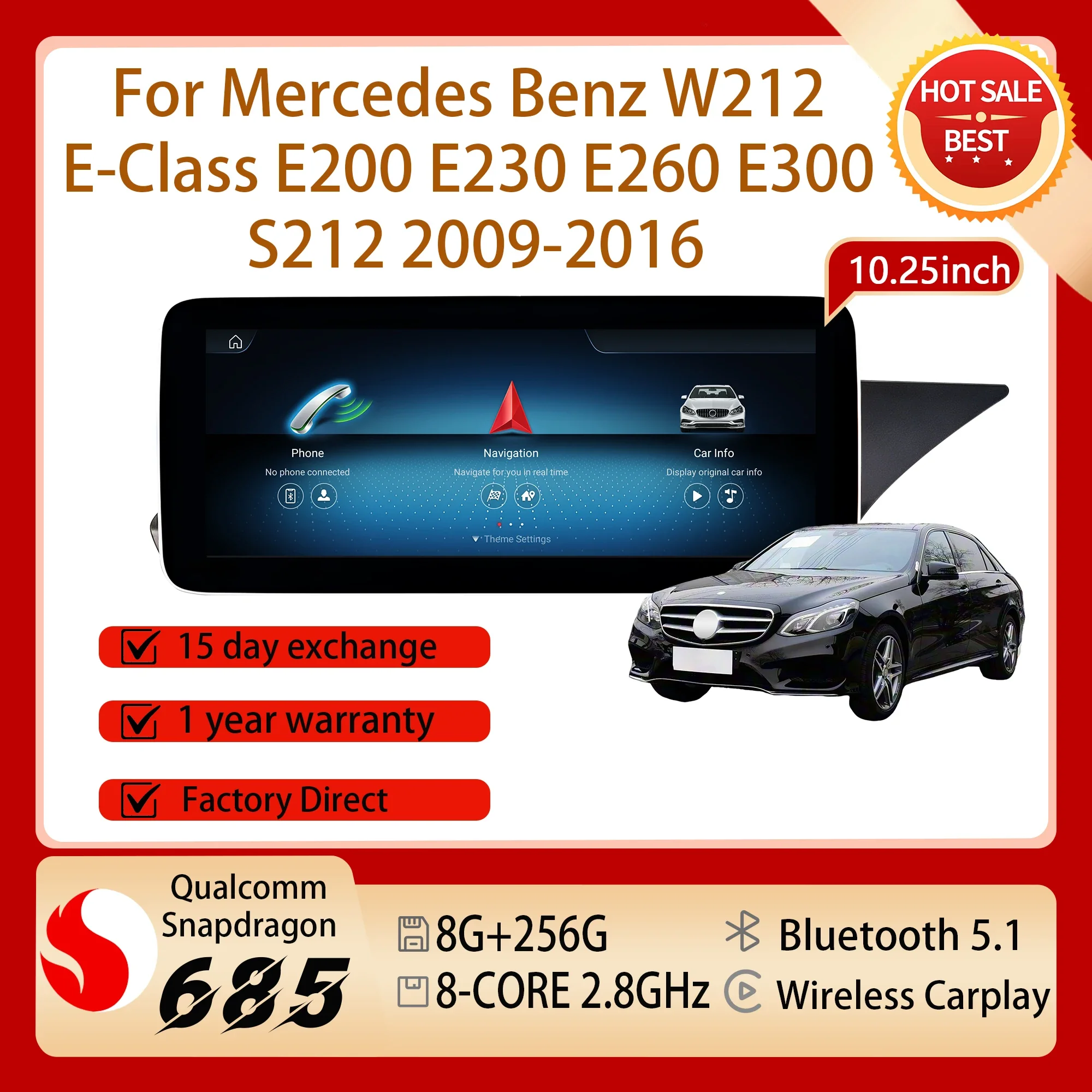 10.25‘’ Right Hand Drive Car Radio Snapdragon 685 Android 14 For Mercedes Benz W212 E-Class E200 E230 E260 E300 S212 2009-2016