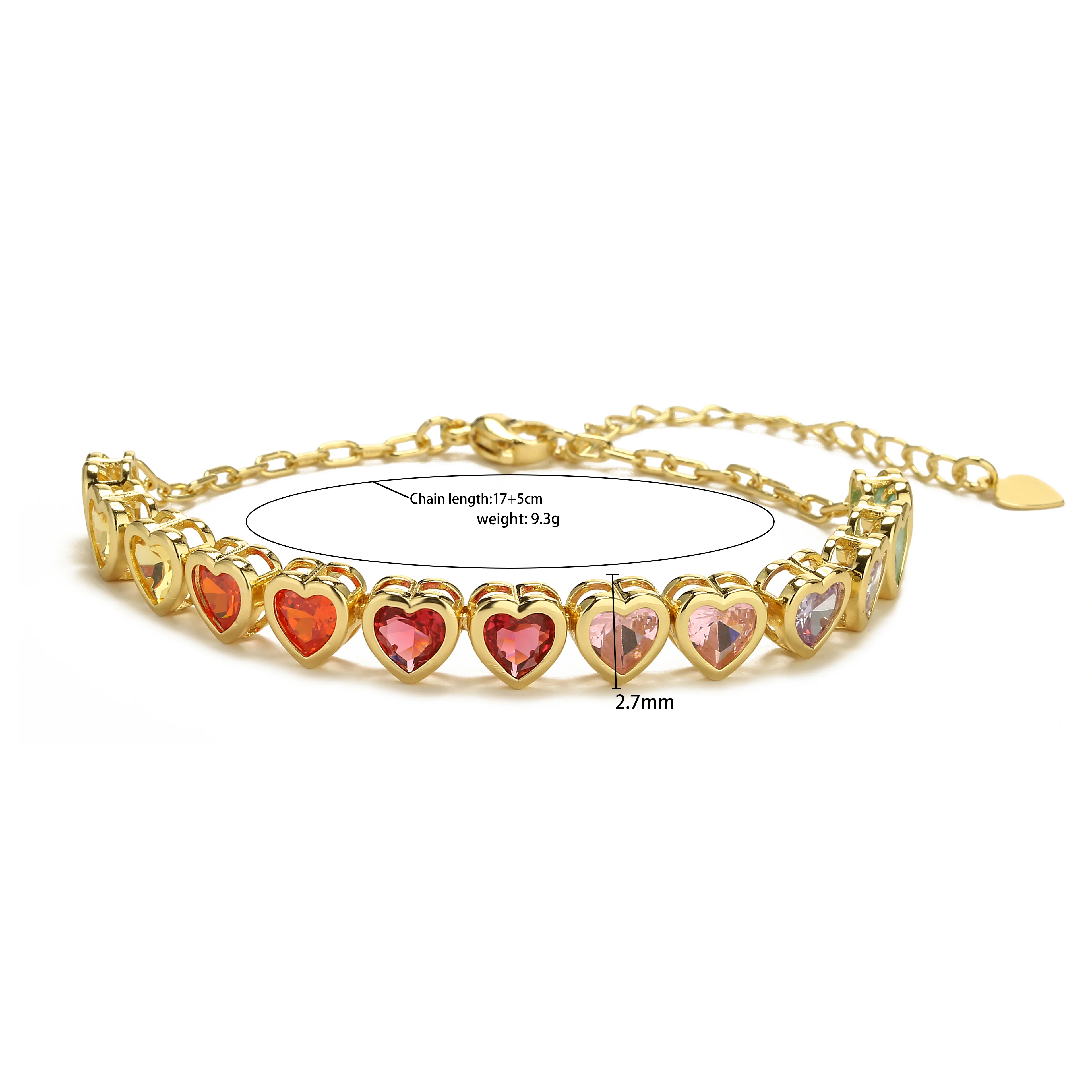 18K Gold Plated Brass Rainbow Heart Jewelry Colorful Cubic Zirconia Necklace/Bracelet Sweet Trendy Women Party Accessories