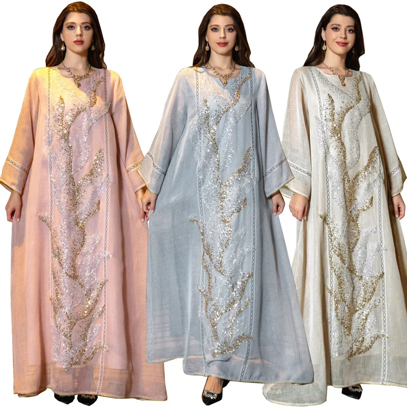 

2026 Spring Summer Muslim Women's Sequin Embroidery Jalabiya Long Dress Maxi Gown Ramadan Eid Evening Outfit Robe