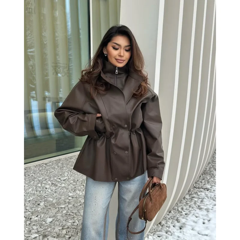 Autumn Women's New Arrival Double Layer Collar Gathered Waist Inward Zipper Mid-Length Double Button Stand Collar Leather Jacket
