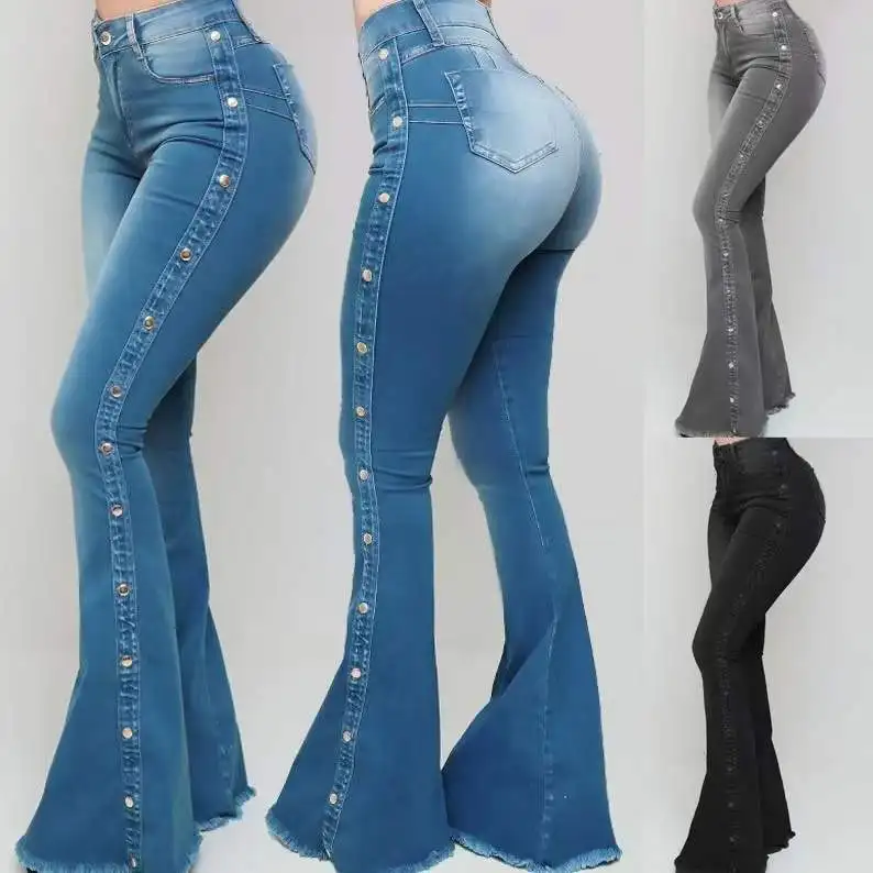 

Summer New Fashion Women High Waist Slim Fit Flare Pants with Studded Beads Sexy Street Casual Women Jeans