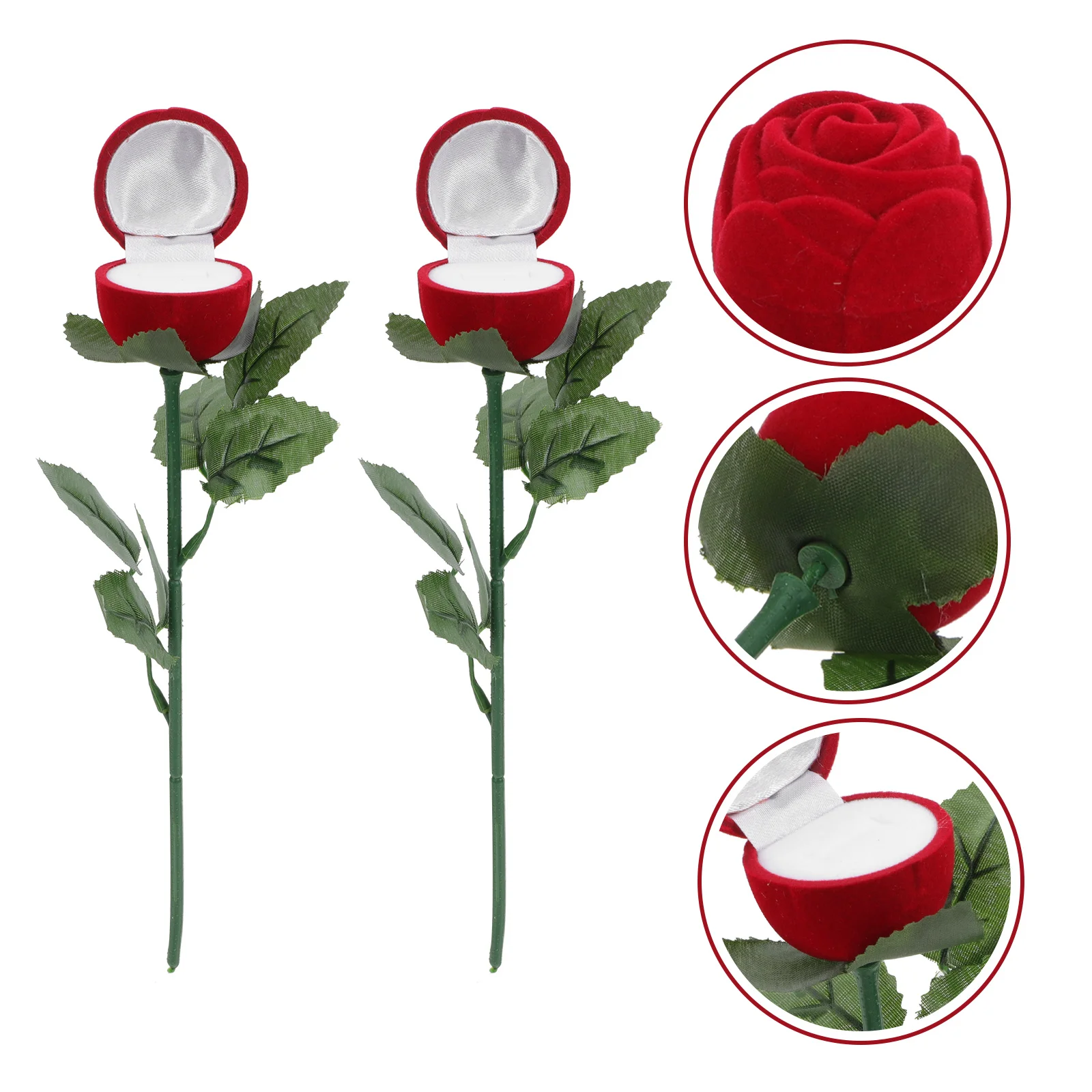 

2pcs Rose Ring Box Realistic Red Roses Leaves for Valentine Proposal Wedding Ring Case Jewelry Storage Display Container Holder