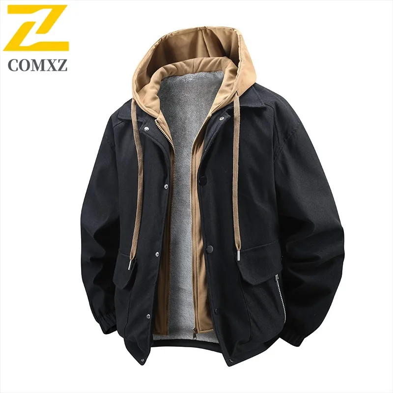COMXZ 2025 Winter New Trendy Casual Men Jacket Windproof Waterproof Fleece Lined Thickened Outerwear Street Style Daily Wear